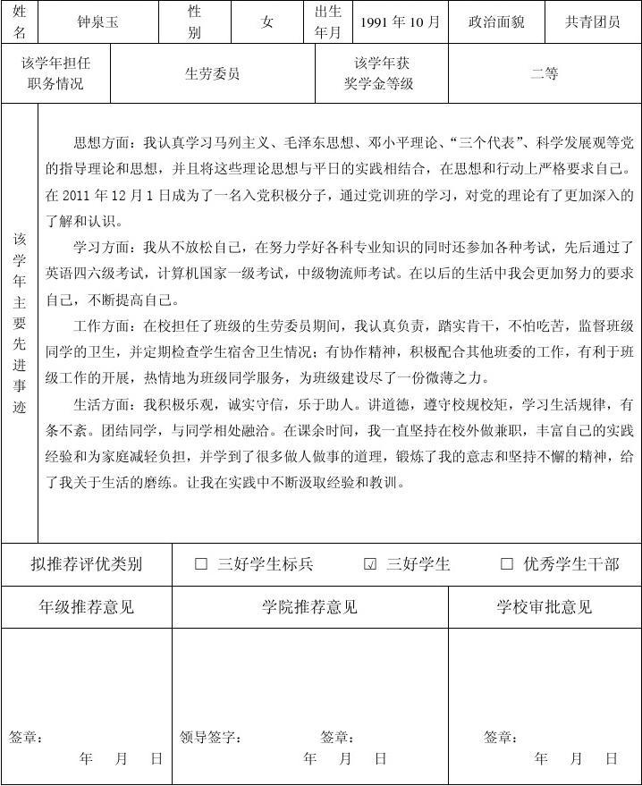 优秀学生审批表